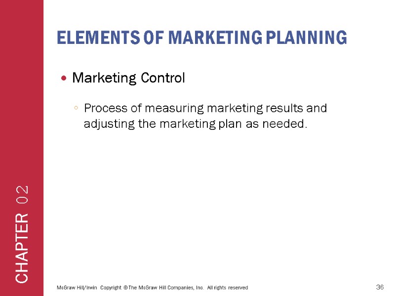 ELEMENTS OF MARKETING PLANNING Marketing Control Process of measuring marketing results and adjusting the